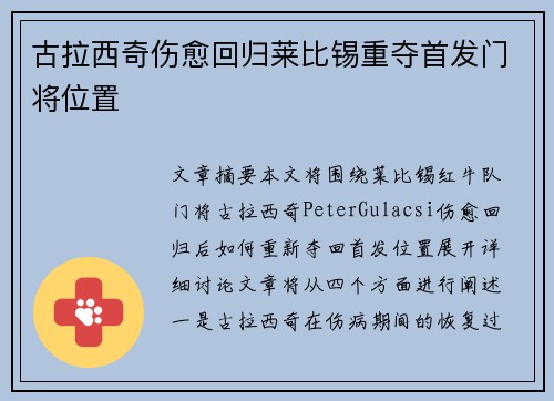 古拉西奇伤愈回归莱比锡重夺首发门将位置 古拉西奇伤愈回归莱比锡重夺首发门将位置
